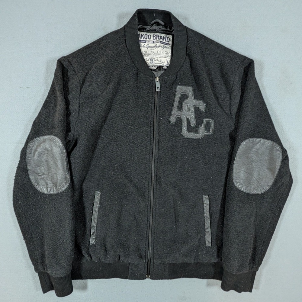 AKOO Bomber Jacket Mens 2XL Black AC Patch Faux Leather Elbow Detail Zip Up